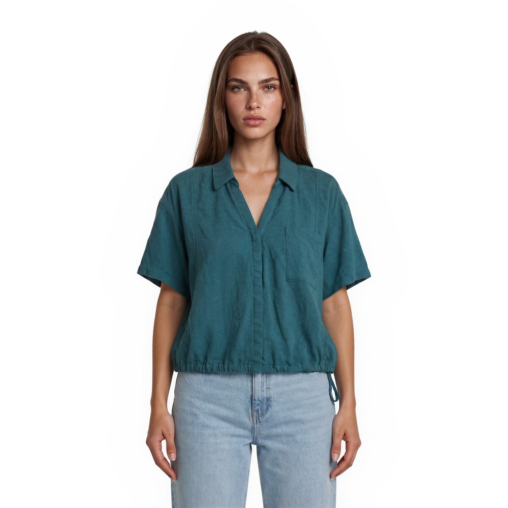 Athleta 100% Linen Shirt Top Women's Size Medium Teal Green Drawstring Hem